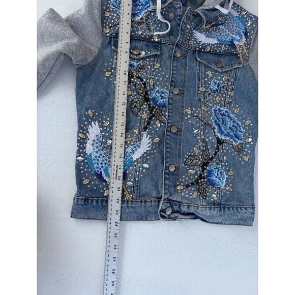 Denim Hooded Jacket With Embellished Cranes & Roses Design Gray Sleeves Button F - Picture 5 of 6
